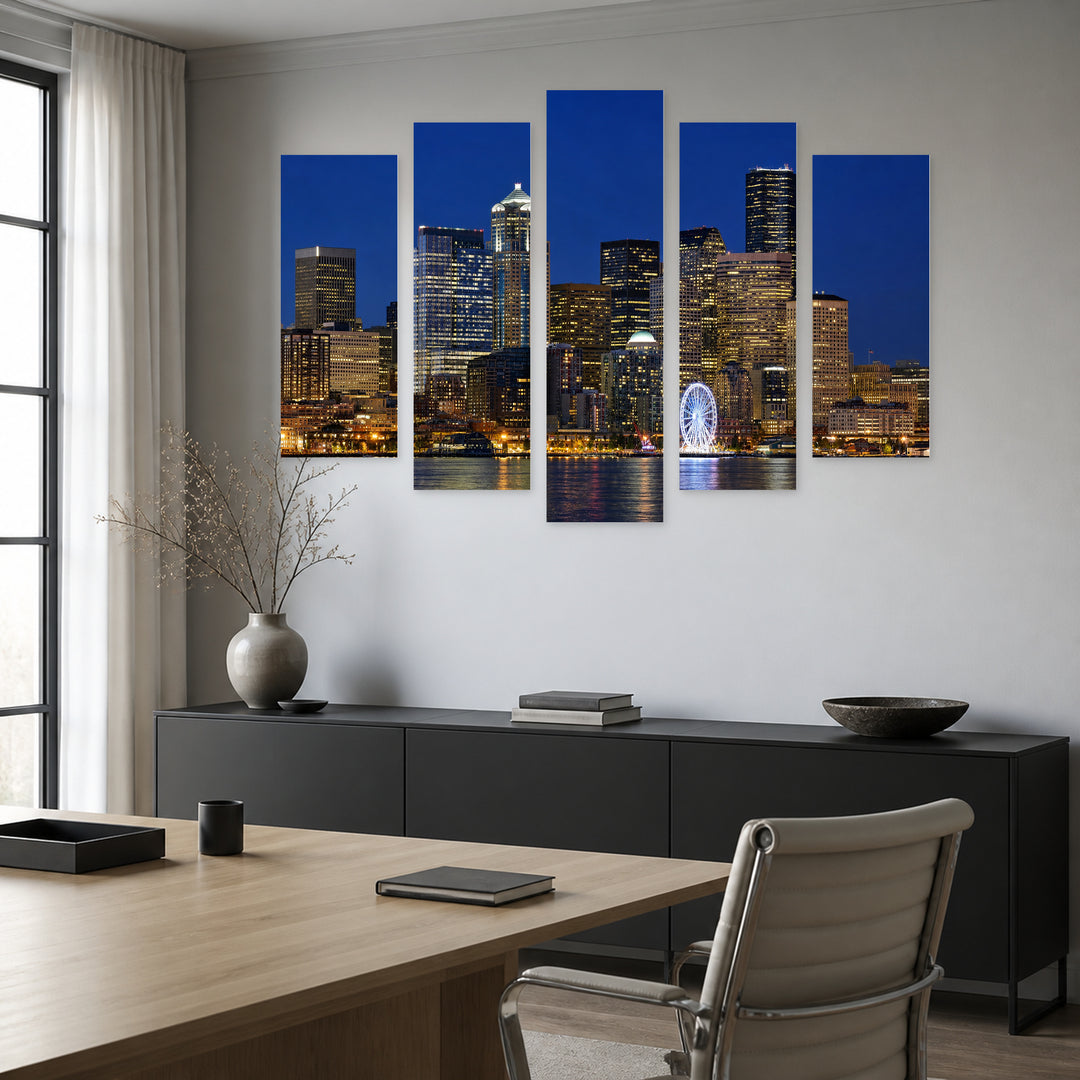 Seattle Downtown at Night — five-panel wall art in frontal interior | 5wallart 51340 M3