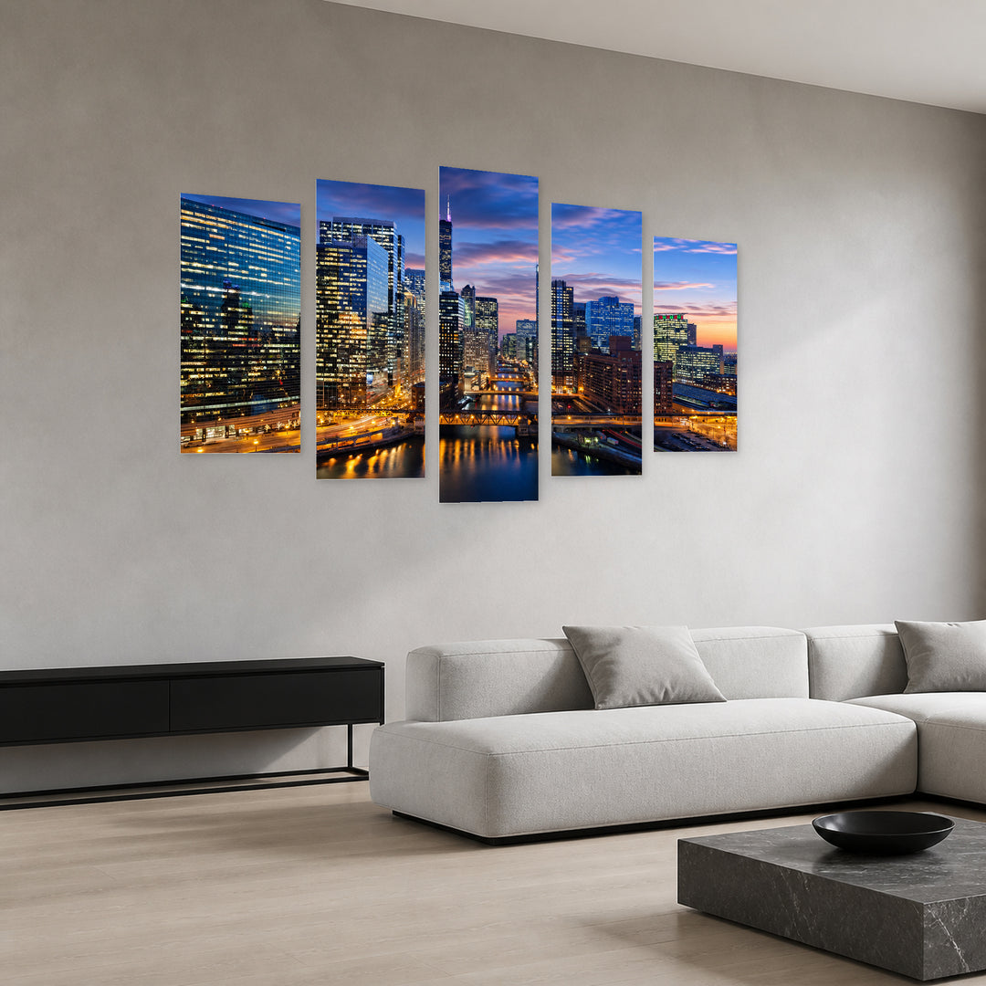 Chicago with Geometric Rhythm — five-panel wall art in perspective interior | 5wallart 51342 M2