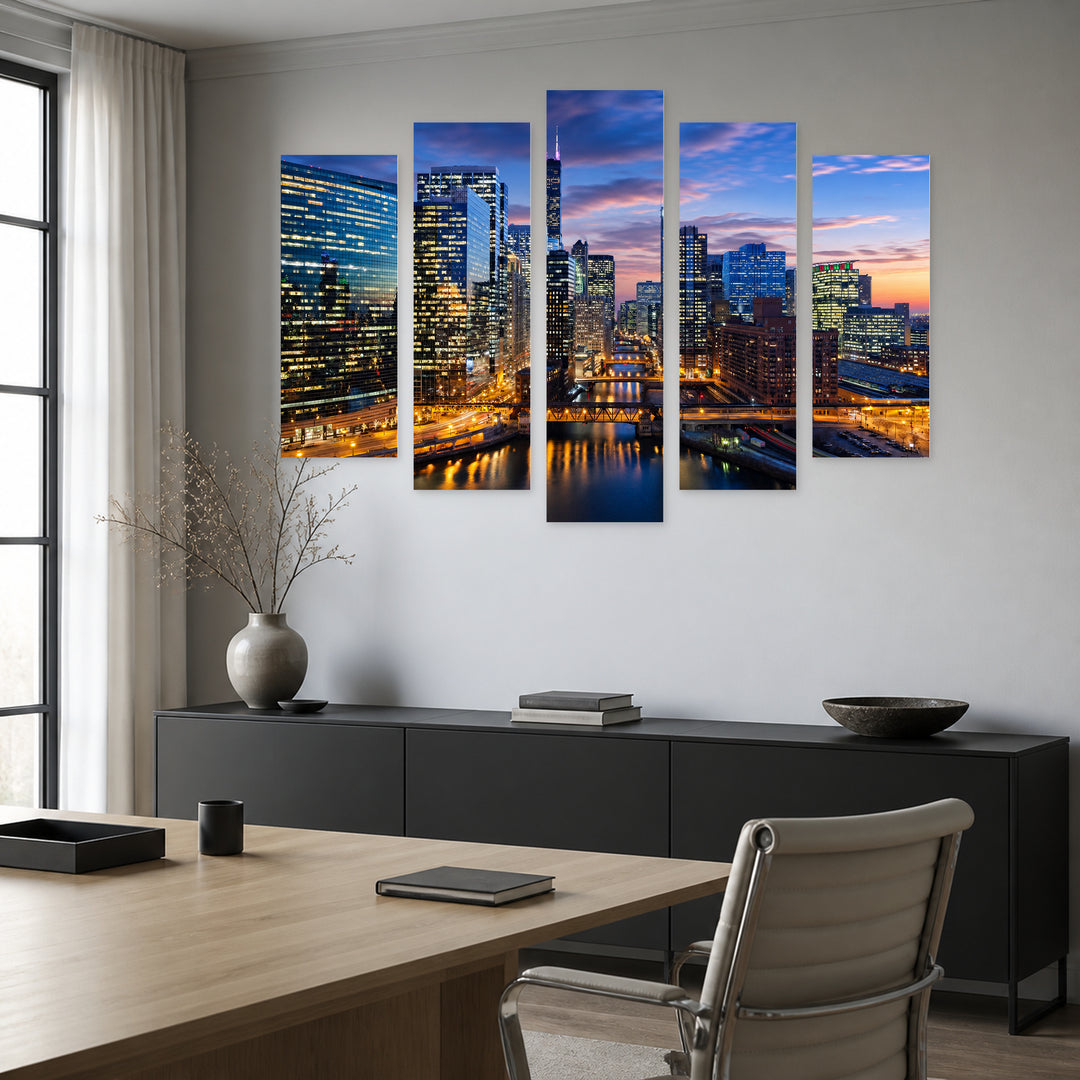 Chicago with Geometric Rhythm — five-panel wall art in frontal interior | 5wallart 51342 M3