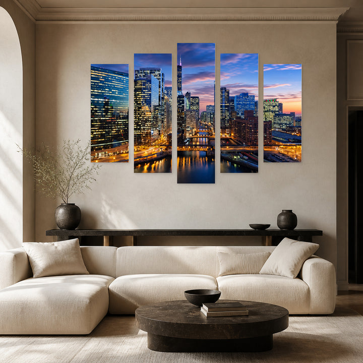 Chicago with Geometric Rhythm — five-panel wall art in alternate frontal interior | 5wallart 51342 M4