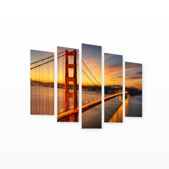 Golden Gate Bridge, San Francisco at Golden Sunset — five-panel wall art on white background in perspective | 5wallart 51343 M1