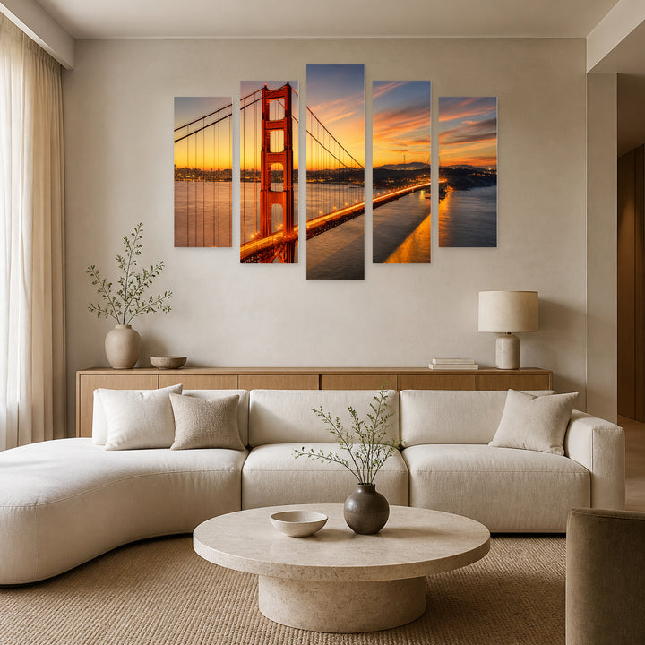 Golden Gate Bridge, San Francisco at Golden Sunset — five-panel wall art in frontal interior | 5wallart 51343 M3