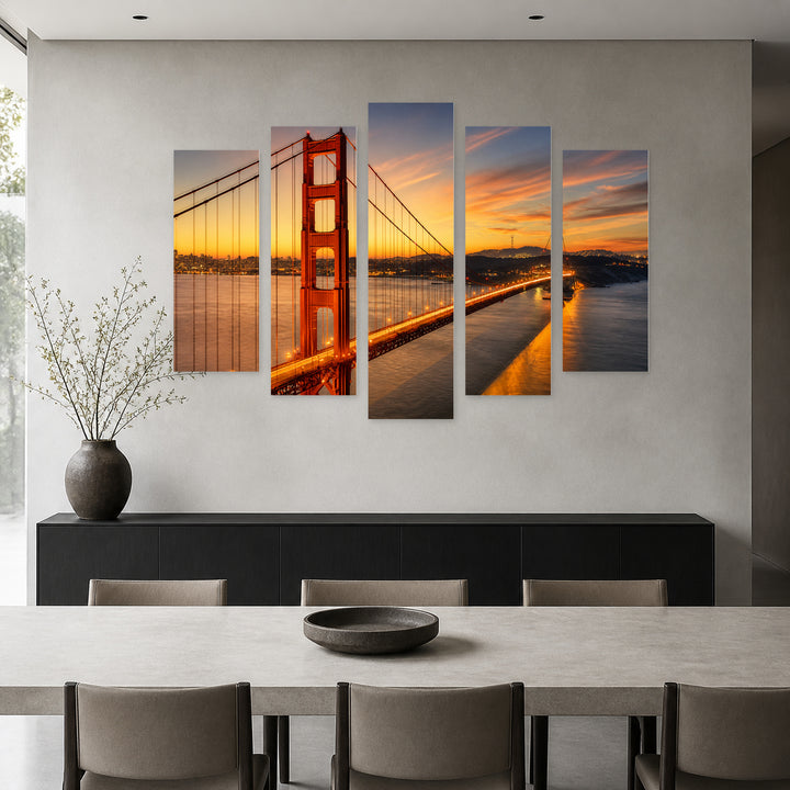 Golden Gate Bridge, San Francisco at Golden Sunset — five-panel wall art in alternate frontal interior | 5wallart 51343 M4