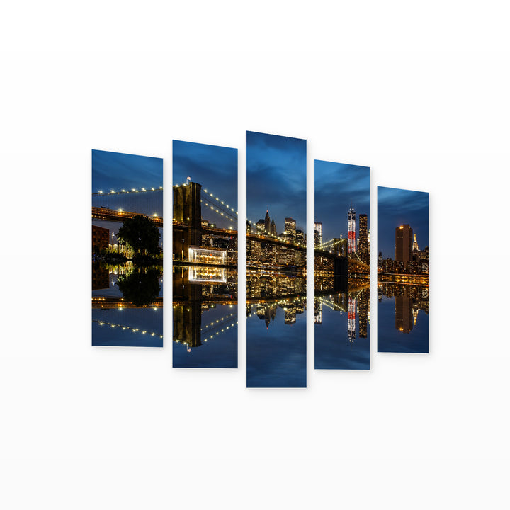 Brooklyn Bridge with Reflection in Blue and Gold — five-panel wall art on white background in perspective | 5wallart 51344 M1