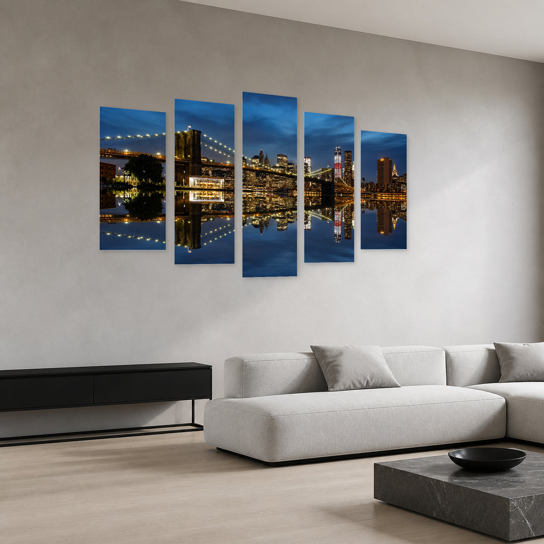 Brooklyn Bridge with Reflection in Blue and Gold — five-panel wall art in perspective interior | 5wallart 51344 M2