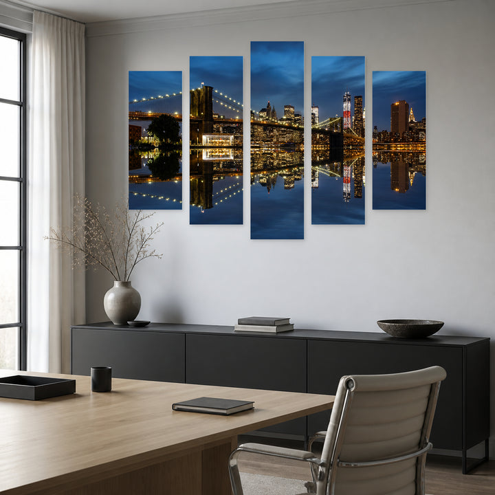Brooklyn Bridge with Reflection in Blue and Gold — five-panel wall art in frontal interior | 5wallart 51344 M3