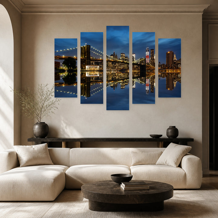 Brooklyn Bridge with Reflection in Blue and Gold — five-panel wall art in alternate frontal interior | 5wallart 51344 M4