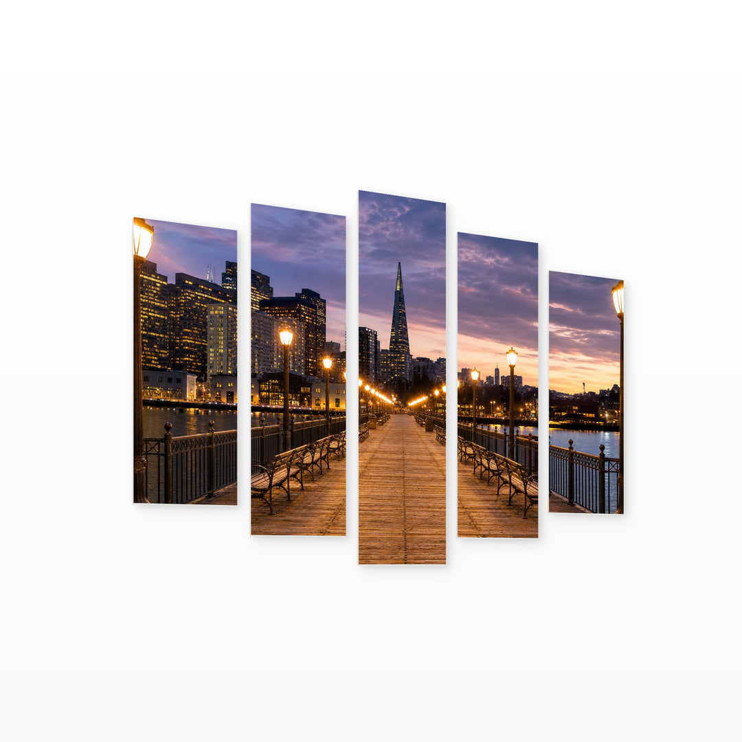 Pier 7, San Francisco with Dreamlike Atmosphere — five-panel wall art on white background in perspective | 5wallart 51345 M1