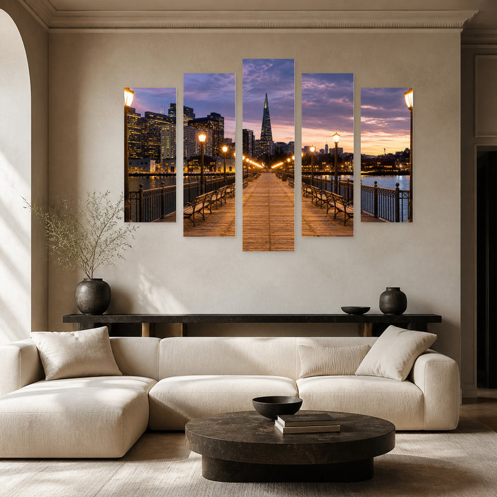 Pier 7, San Francisco with Dreamlike Atmosphere — five-panel wall art in frontal interior | 5wallart 51345 M3