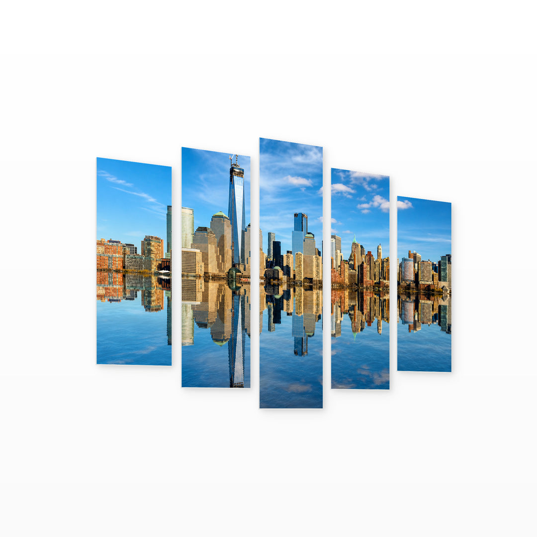 Lower Manhattan in Vivid Color — five-panel wall art on white background in perspective | 5wallart 51346 M1