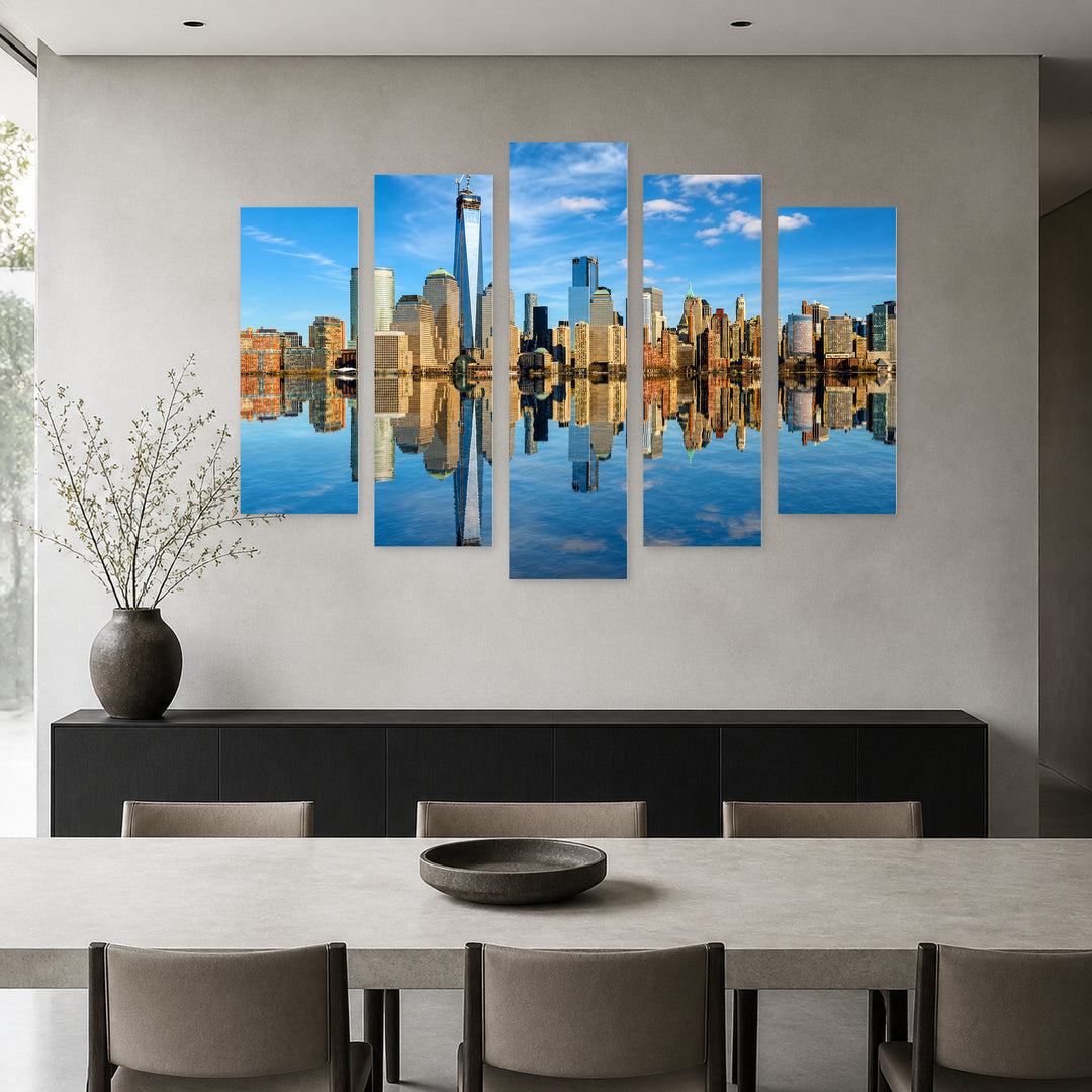 Lower Manhattan in Vivid Color — five-panel wall art in frontal interior | 5wallart 51346 M3