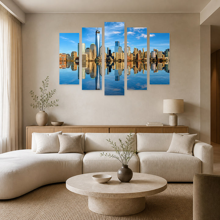 Lower Manhattan in Vivid Color — five-panel wall art in alternate frontal interior | 5wallart 51346 M4