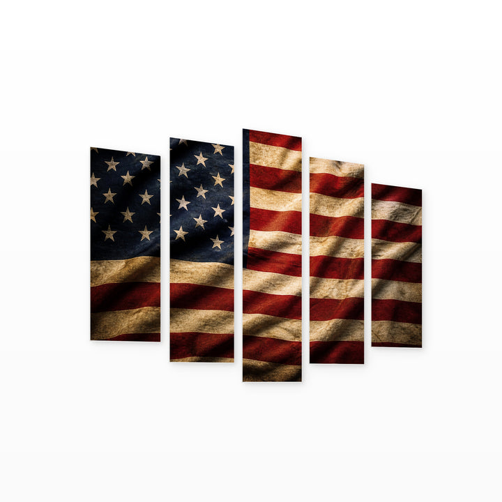 American Flag Vintage with Dramatic Contrast — five-panel wall art on white background in perspective | 5wallart 51347 M1