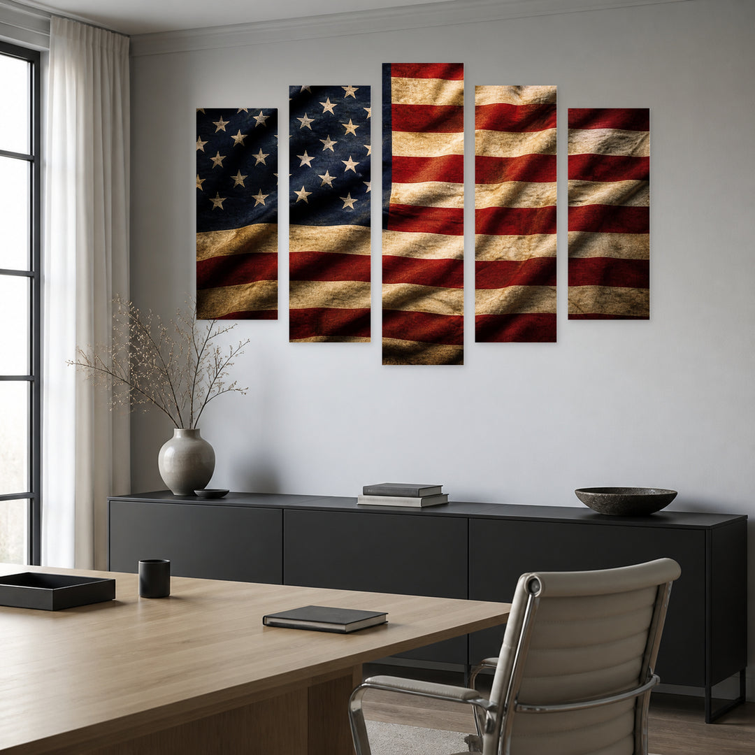 American Flag Vintage with Dramatic Contrast — five-panel wall art in alternate frontal interior | 5wallart 51347 M4