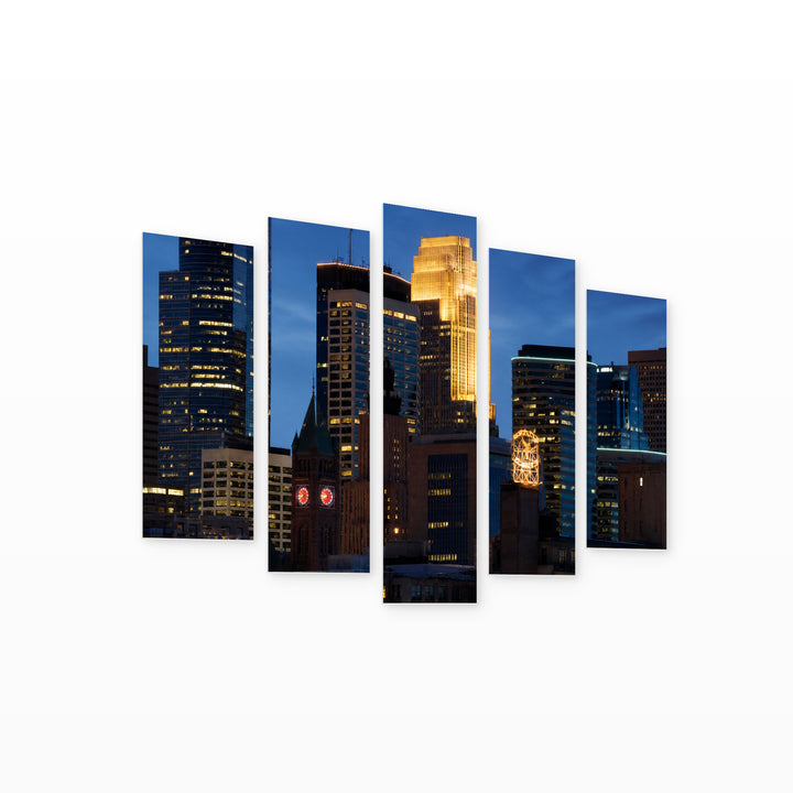 Minneapolis After Dark — five-panel wall art on white background in perspective | 5wallart 51350 M1