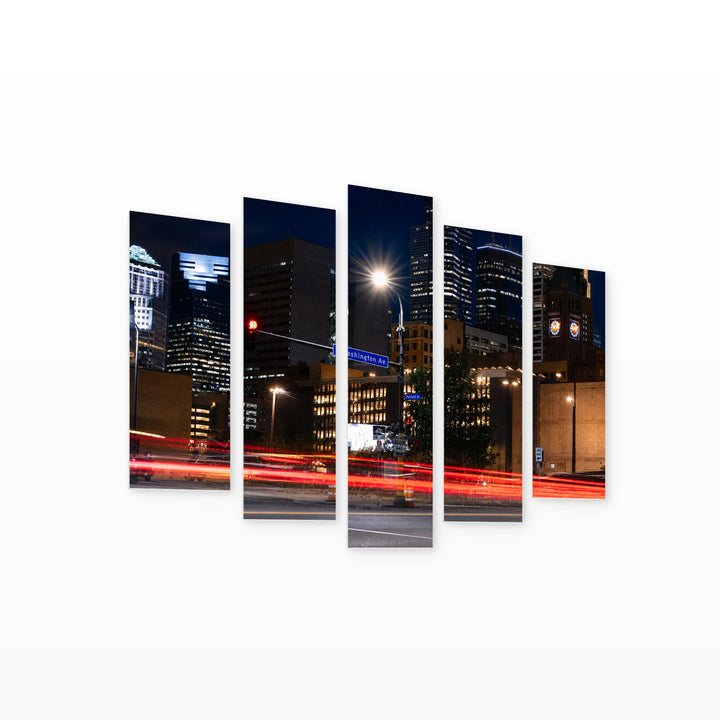 Minneapolis Traffic at Night — five-panel wall art on white background in perspective | 5wallart 51351 M1