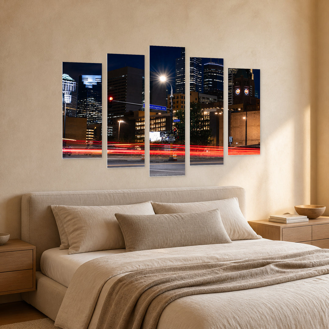 Minneapolis Traffic at Night — five-panel wall art in perspective interior | 5wallart 51351 M2