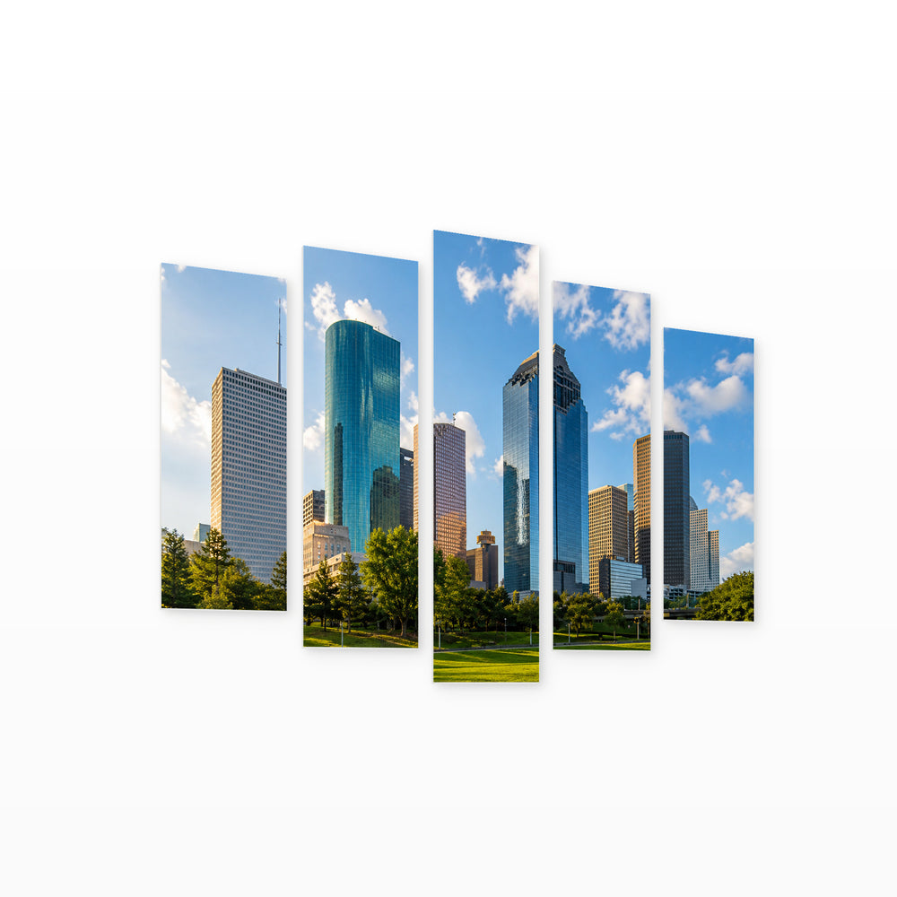Houston Skyline in Blue and Gold — five-panel wall art on white background in perspective | 5wallart 51352 M1