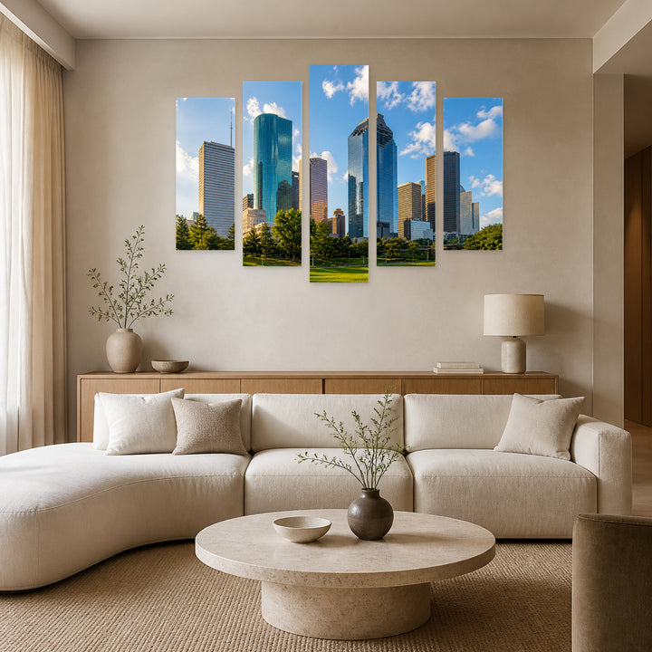 Houston Skyline in Blue and Gold — five-panel wall art in alternate frontal interior | 5wallart 51352 M4