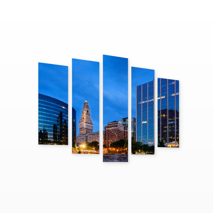 Hartford, Connecticut in Blue and Gold — five-panel wall art on white background in perspective | 5wallart 51354 M1