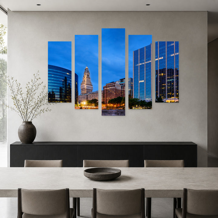 Hartford, Connecticut in Blue and Gold — five-panel wall art in frontal interior | 5wallart 51354 M3