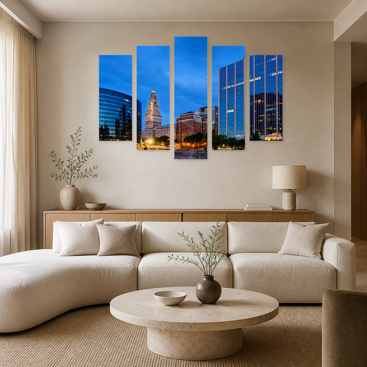 Hartford, Connecticut in Blue and Gold — five-panel wall art in alternate frontal interior | 5wallart 51354 M4