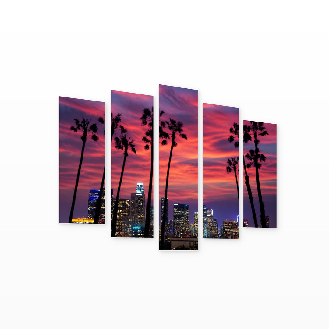 Los Angeles at Night. Sunset in Serene Light — five-panel wall art on white background in perspective | 5wallart 51355 M1