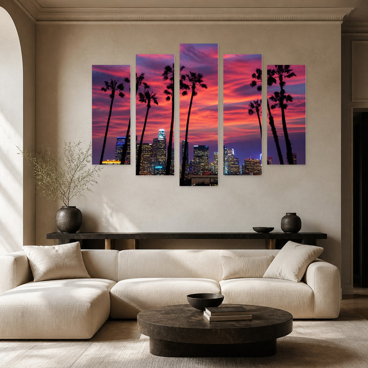 Los Angeles at Night. Sunset in Serene Light — five-panel wall art in frontal interior | 5wallart 51355 M3