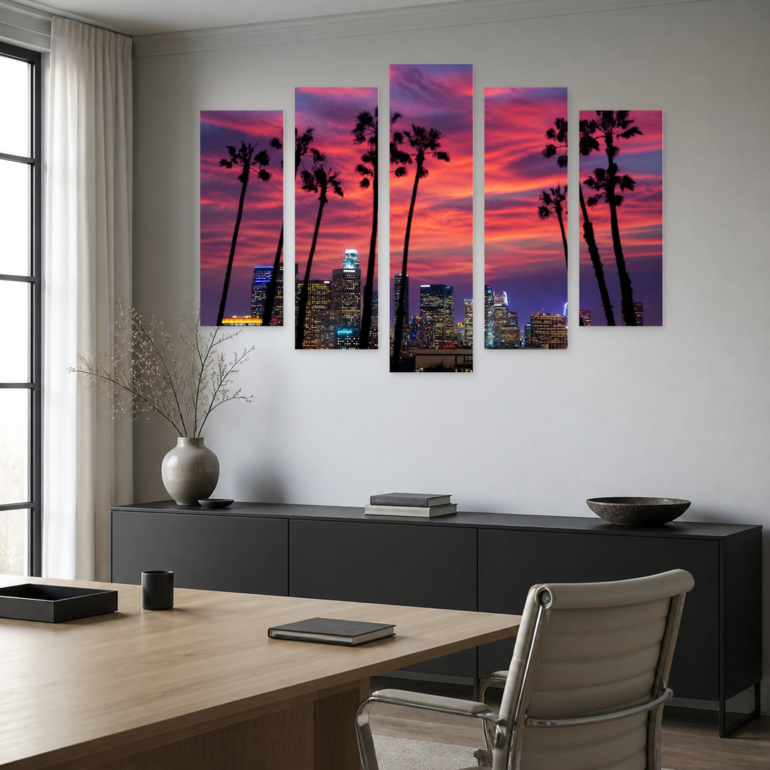 Los Angeles at Night. Sunset in Serene Light — five-panel wall art in alternate frontal interior | 5wallart 51355 M4