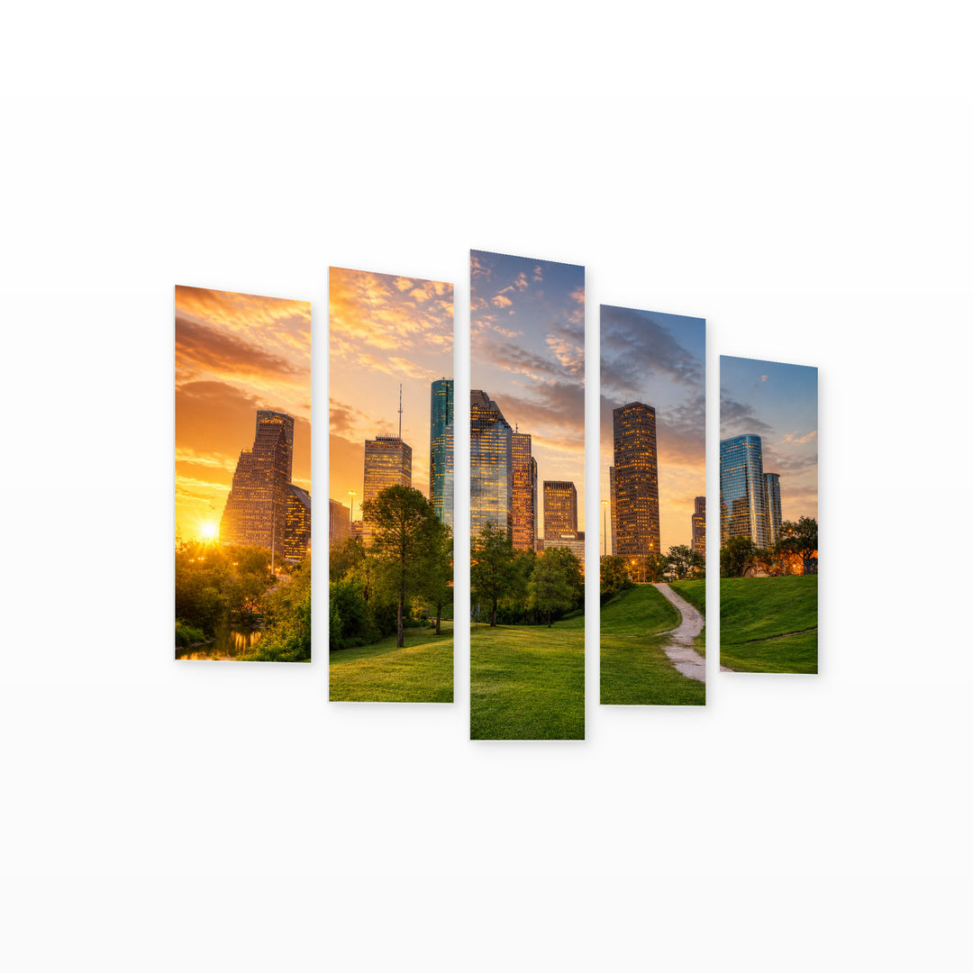 Golden Sunset over Houston, Texas — five-panel wall art on white background in perspective | 5wallart 51357 M1