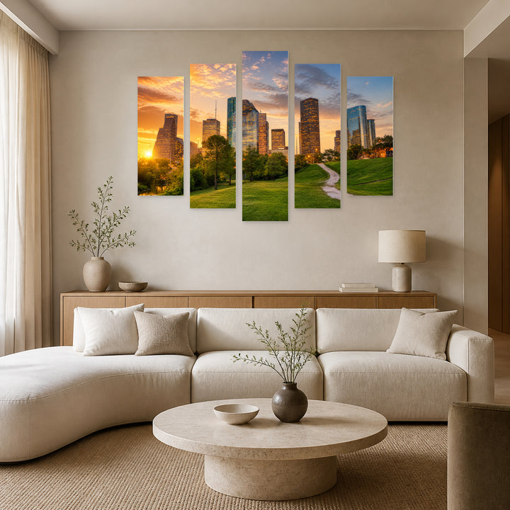Golden Sunset over Houston, Texas — five-panel wall art in frontal interior | 5wallart 51357 M3