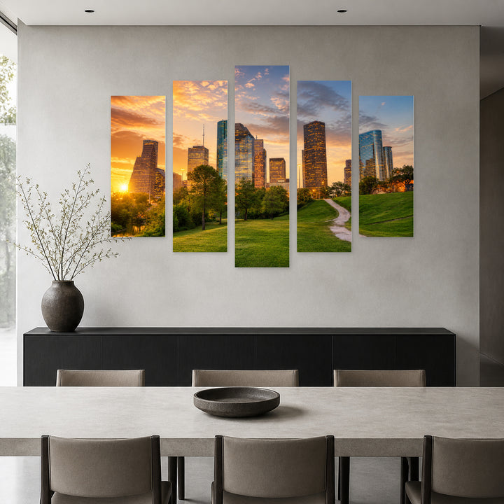 Golden Sunset over Houston, Texas — five-panel wall art in alternate frontal interior | 5wallart 51357 M4