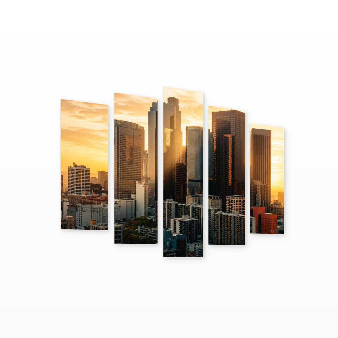 Los Angeles Downtown at Golden Sunset — five-panel wall art on white background in perspective | 5wallart 51360 M1