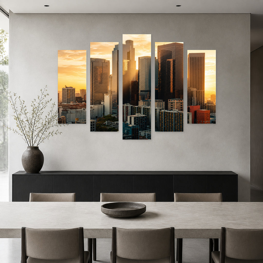 Los Angeles Downtown at Golden Sunset — five-panel wall art in frontal interior | 5wallart 51360 M3
