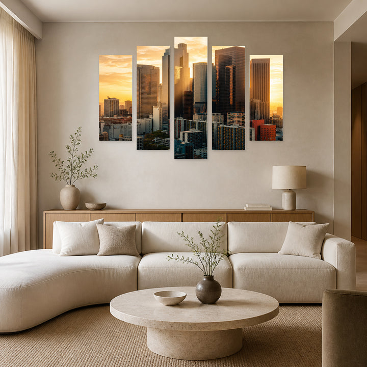 Los Angeles Downtown at Golden Sunset — five-panel wall art in alternate frontal interior | 5wallart 51360 M4