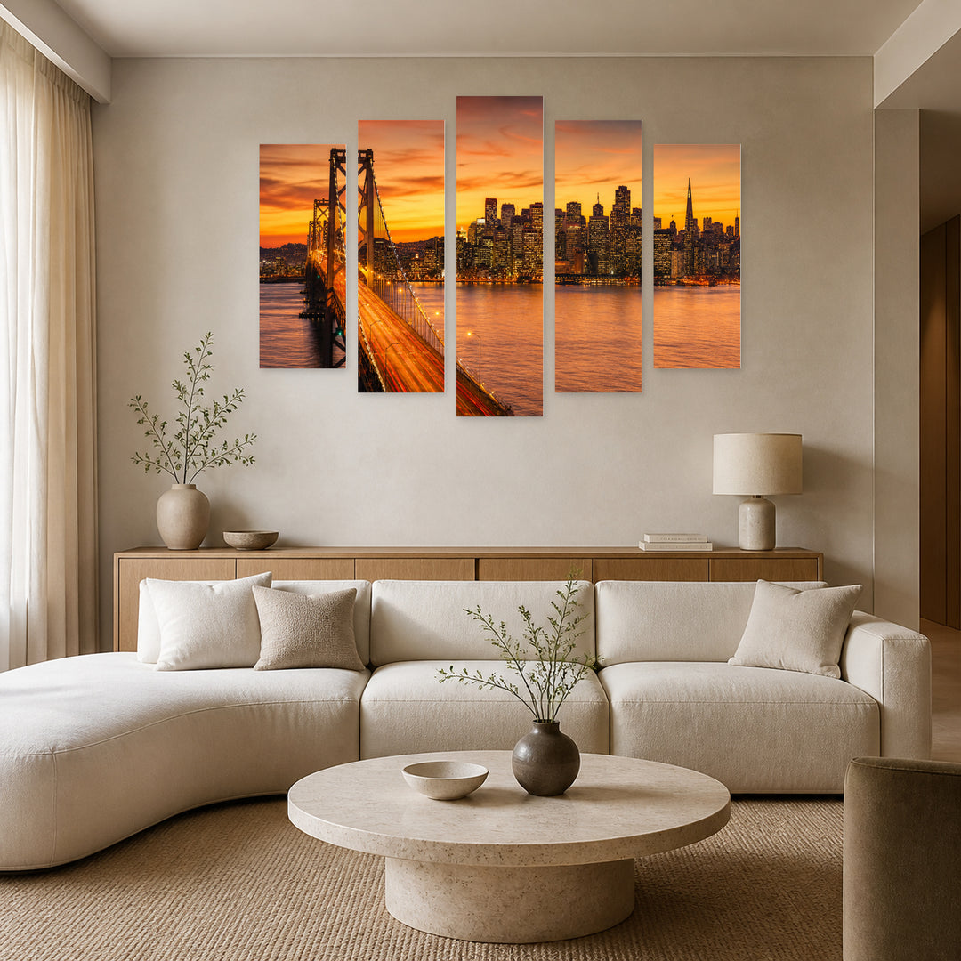 San Francisco and Bay Bridge at Golden Sunset — five-panel wall art in frontal interior | 5wallart 51361 M3