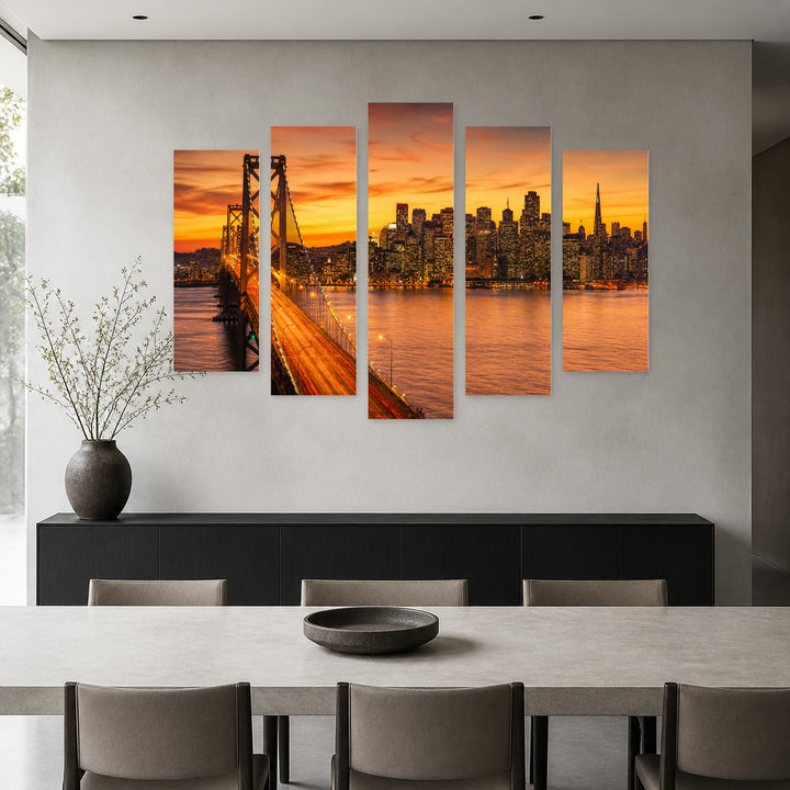 San Francisco and Bay Bridge at Golden Sunset — five-panel wall art in alternate frontal interior | 5wallart 51361 M4