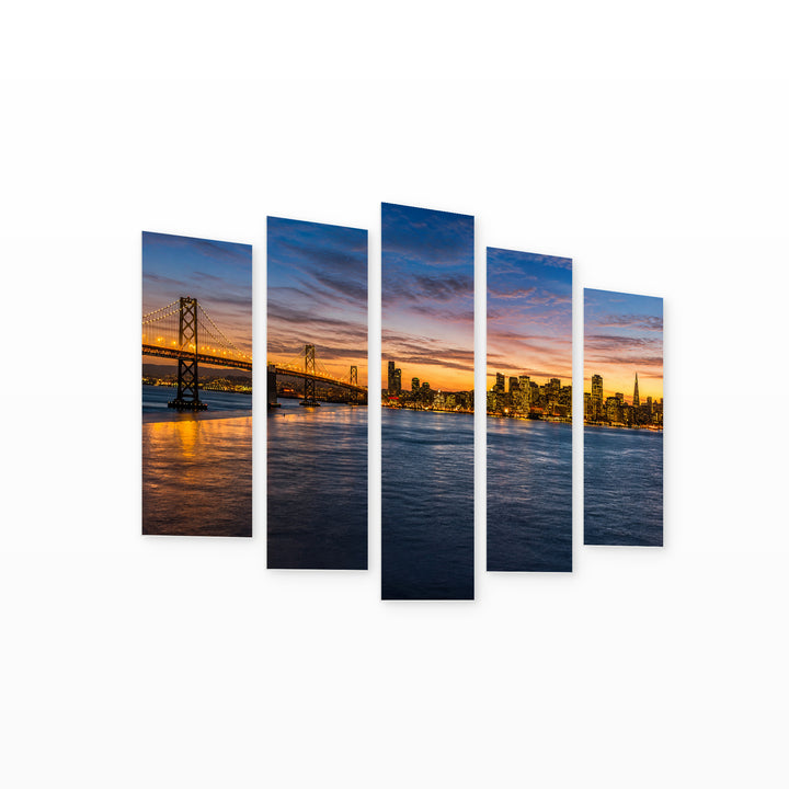San Francisco Panorama Night View Urban Panorama — five-panel wall art on white background in perspective | 5wallart 51363 M1