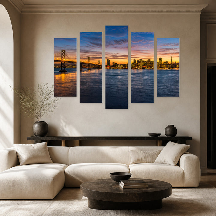 San Francisco Panorama Night View Urban Panorama — five-panel wall art in frontal interior | 5wallart 51363 M3