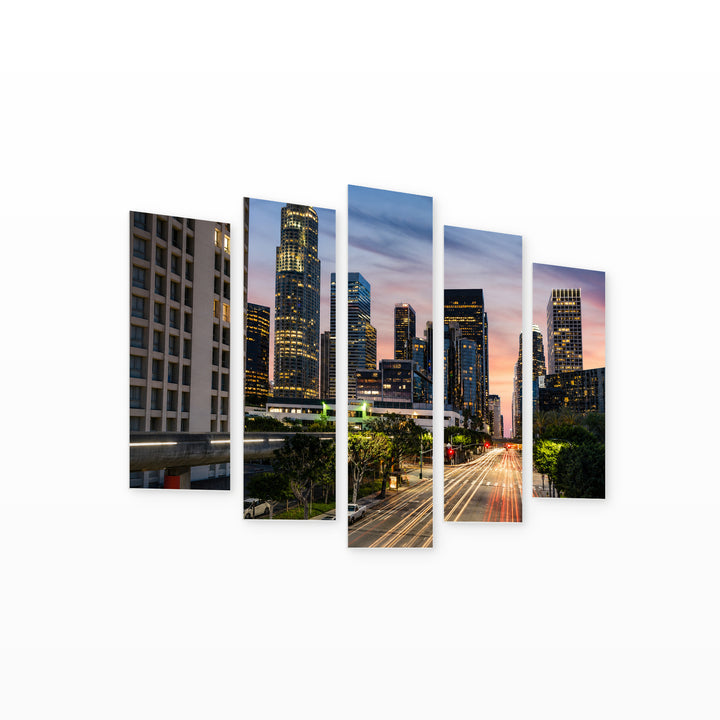 Los Angeles Downtown Skyline — five-panel wall art on white background in perspective | 5wallart 51364 M1