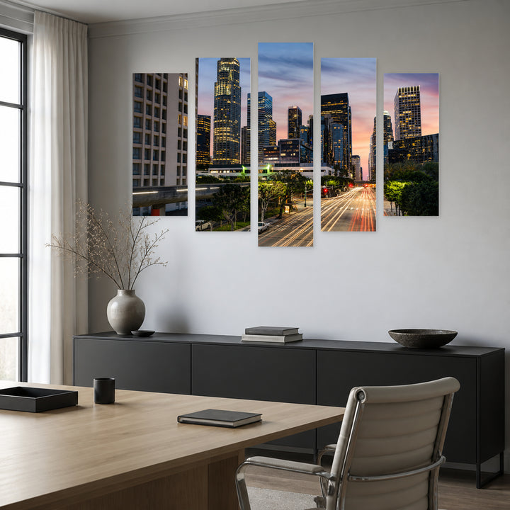 Los Angeles Downtown Skyline — five-panel wall art in frontal interior | 5wallart 51364 M3