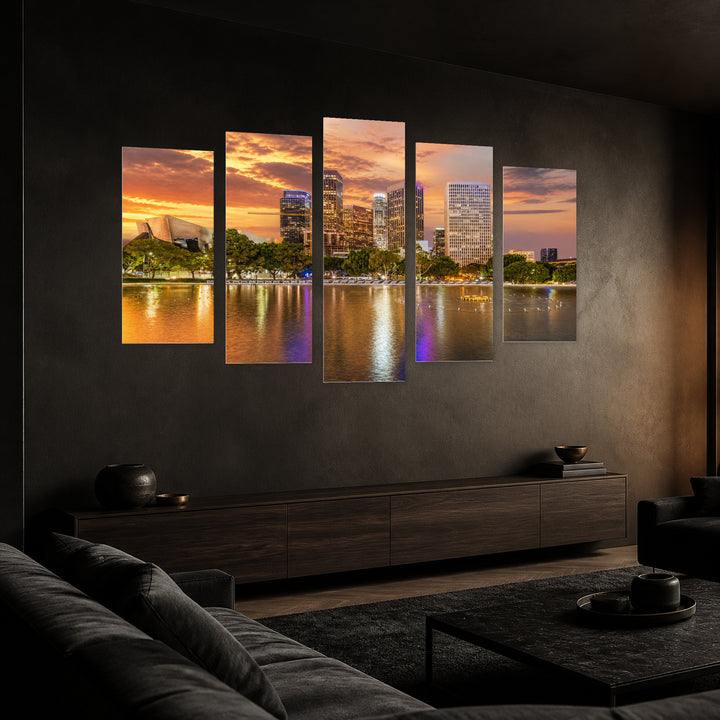 Los Angeles Panorama with Reflection at Golden Sunset — five-panel wall art in perspective interior | 5wallart 51365 M2
