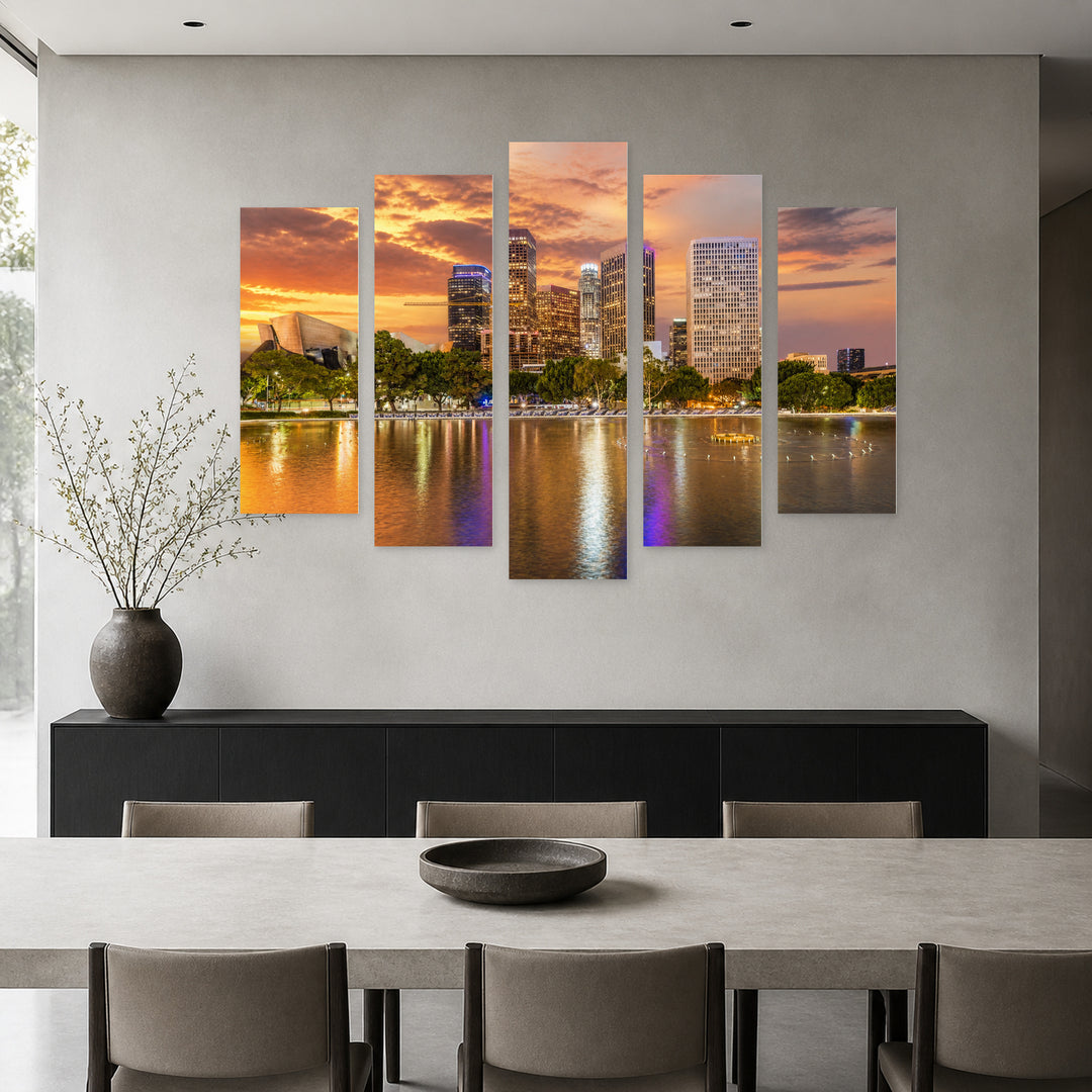 Los Angeles Panorama with Reflection at Golden Sunset — five-panel wall art in alternate frontal interior | 5wallart 51365 M4