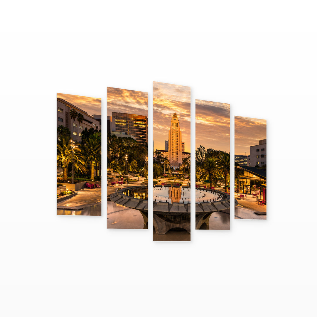 Los Angeles City Hall at Golden Sunset — five-panel wall art on white background in perspective | 5wallart 51366 M1