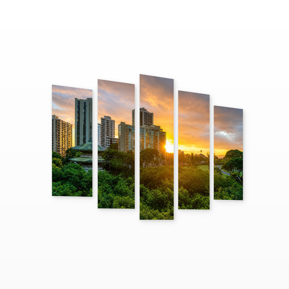 Waikiki, Ohayo at Golden Sunset — five-panel wall art on white background in perspective | 5wallart 51367 M1