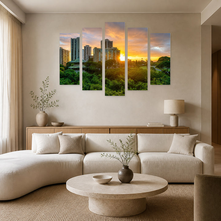 Waikiki, Ohayo at Golden Sunset — five-panel wall art in frontal interior | 5wallart 51367 M3