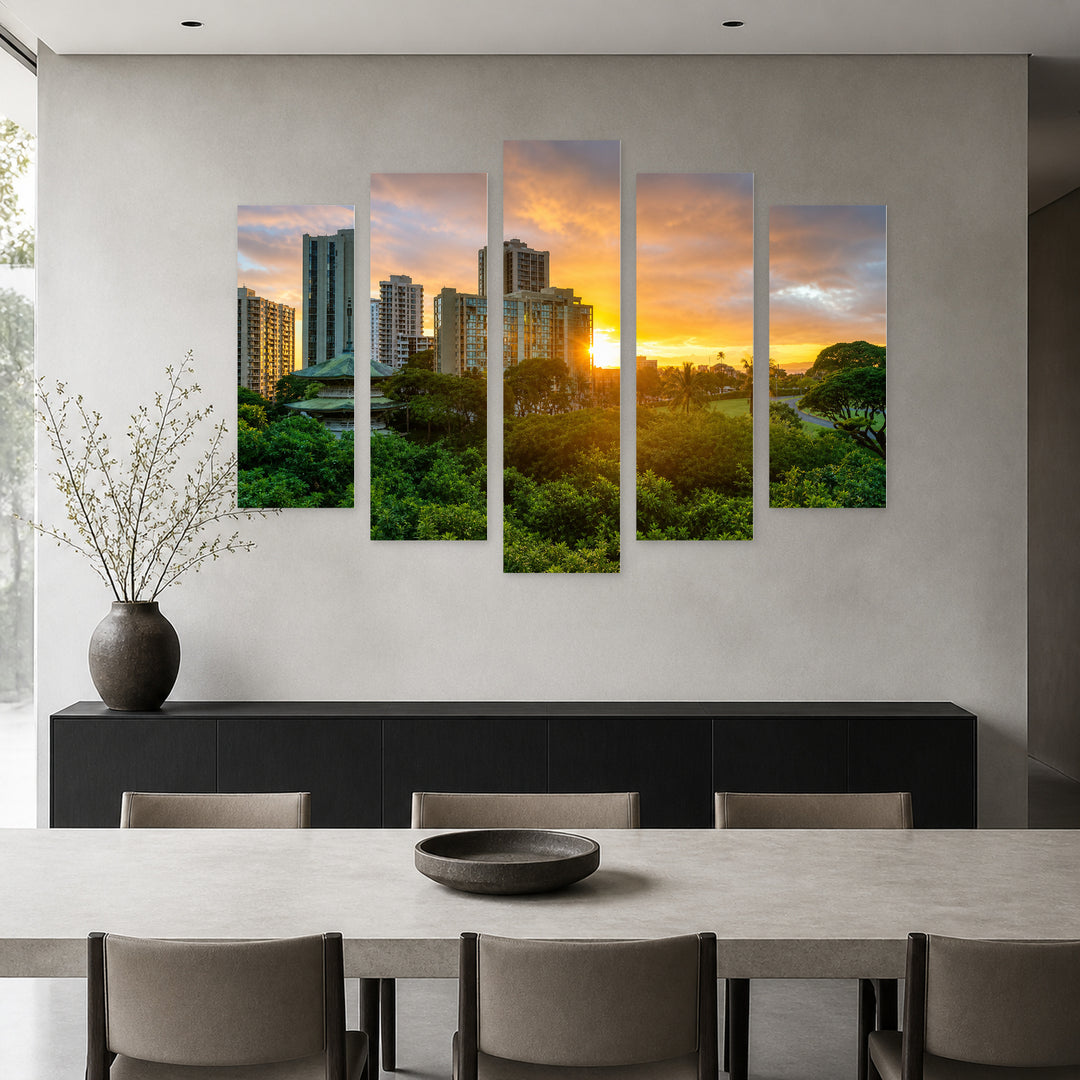 Waikiki, Ohayo at Golden Sunset — five-panel wall art in alternate frontal interior | 5wallart 51367 M4
