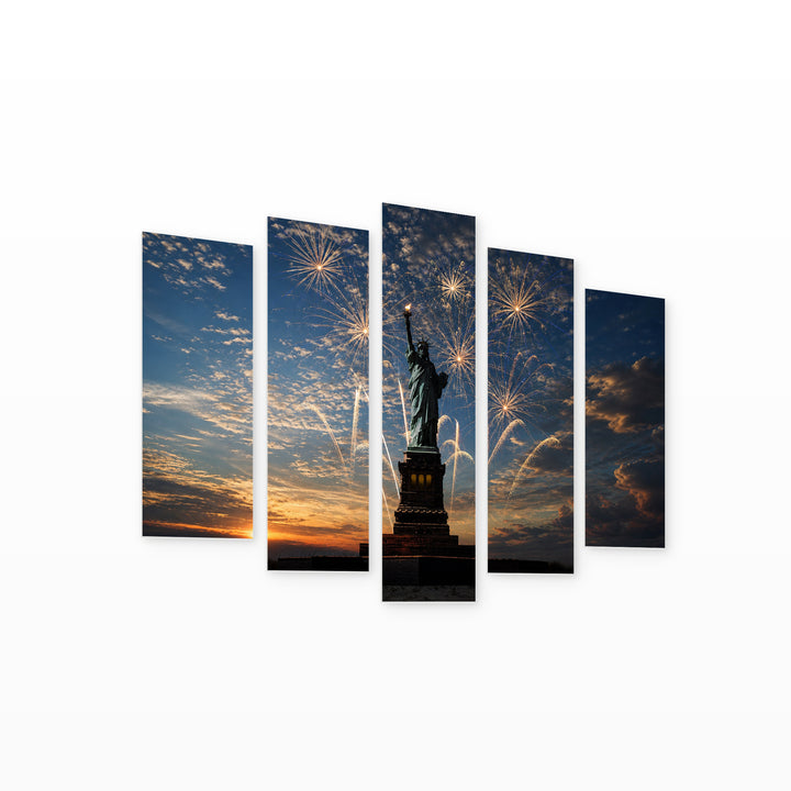 Independence Day in Blue and Gold — five-panel wall art on white background in perspective | 5wallart 51368 M1