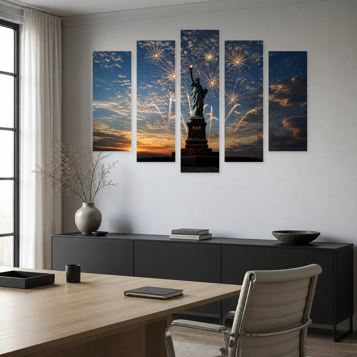 Independence Day in Blue and Gold — five-panel wall art in frontal interior | 5wallart 51368 M3
