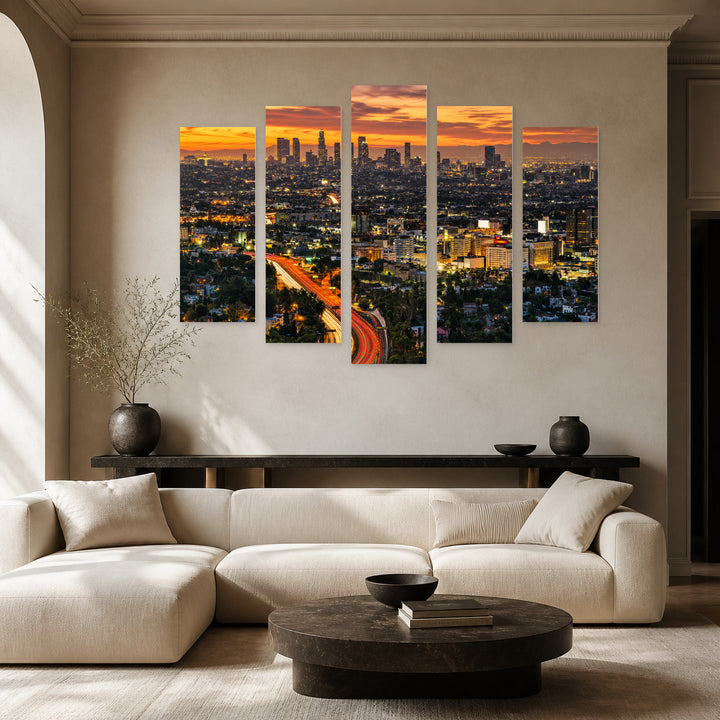 Los Angeles Sunset Skyline — five-panel wall art in frontal interior | 5wallart 51369 M3